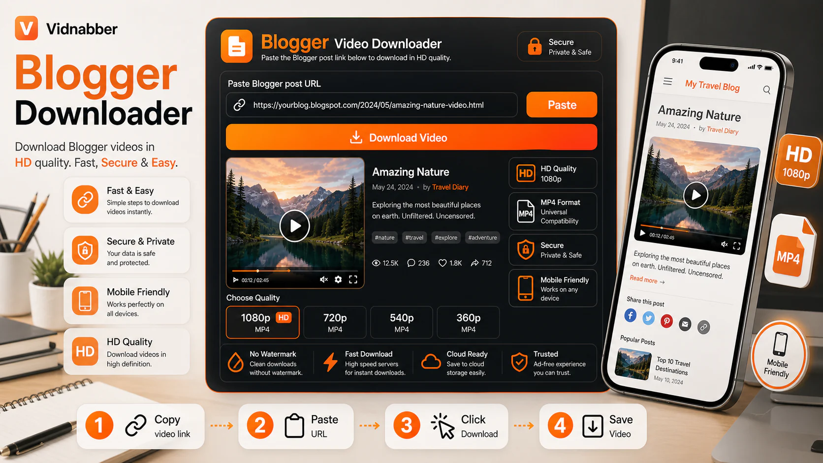 Blogger downloader infographic showing copy public link, paste URL, review formats, and save video responsibly in a modern Vidnabber interface.