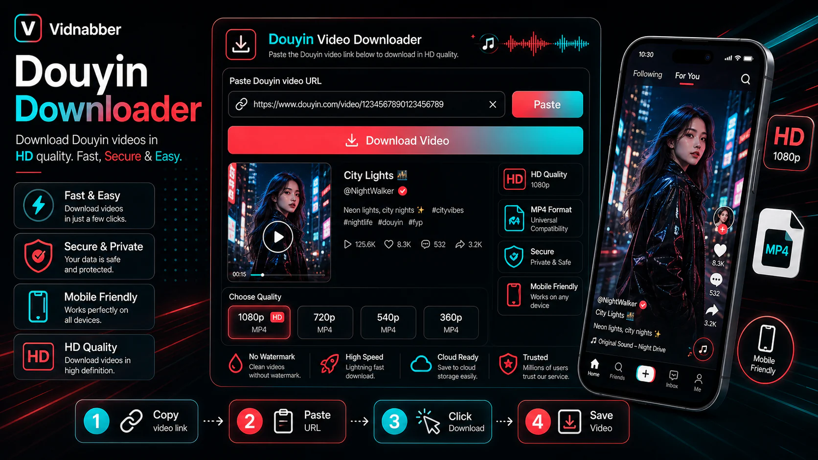 Douyin downloader infographic showing copy public link, paste URL, review formats, and save video responsibly in a modern Vidnabber interface.