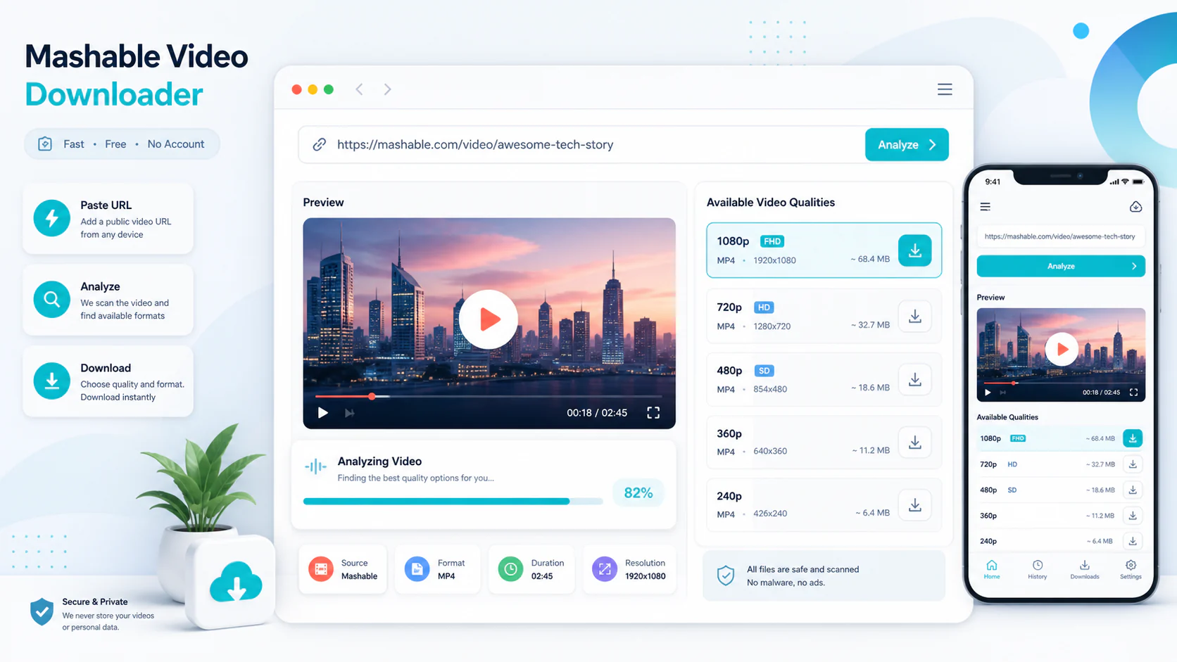 Mashable downloader infographic showing copy public link, paste URL, review formats, and save video responsibly in a modern Vidnabber interface.