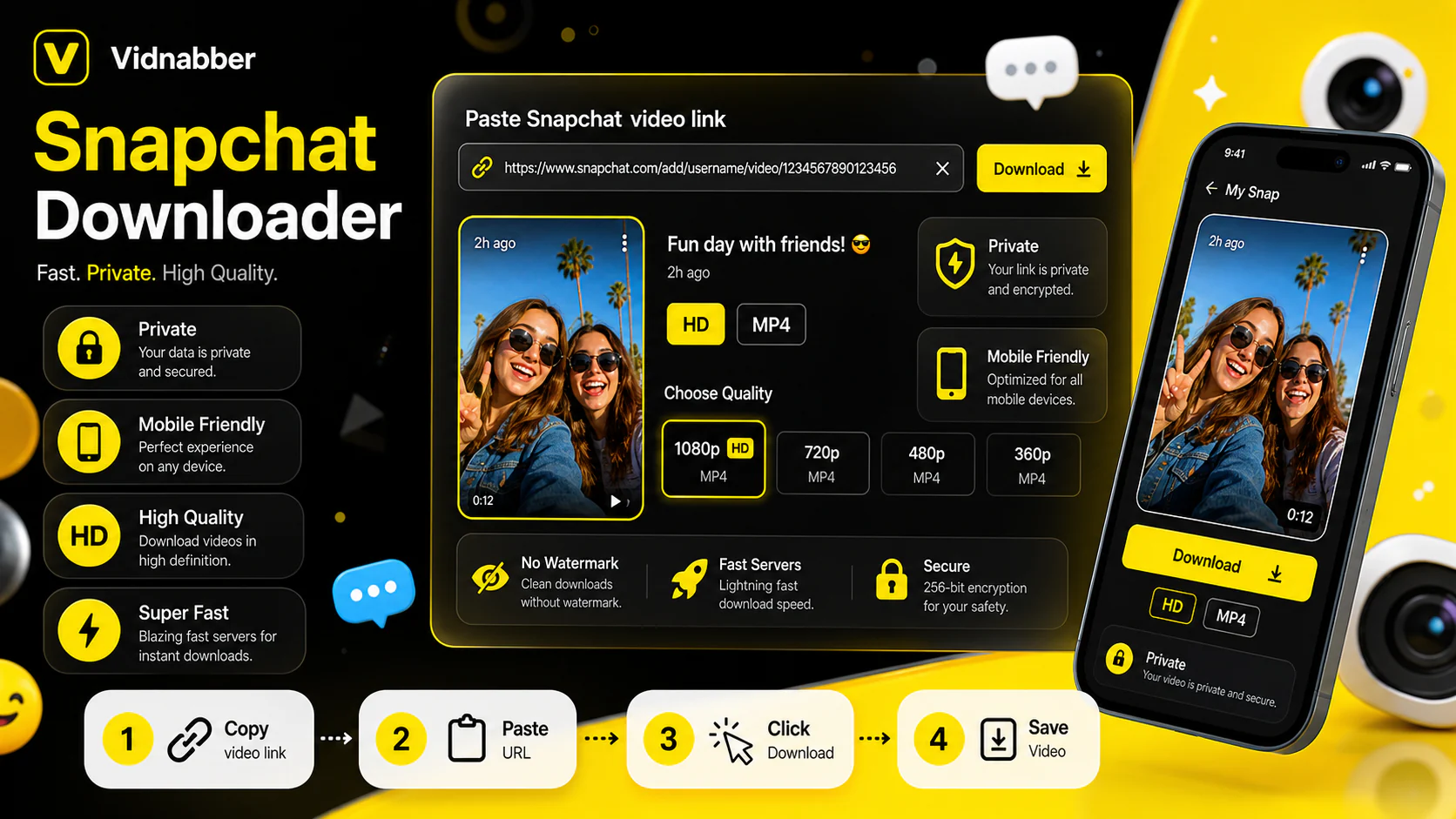 Snapchat downloader infographic showing copy public link, paste URL, review formats, and save video responsibly in a modern Vidnabber interface.