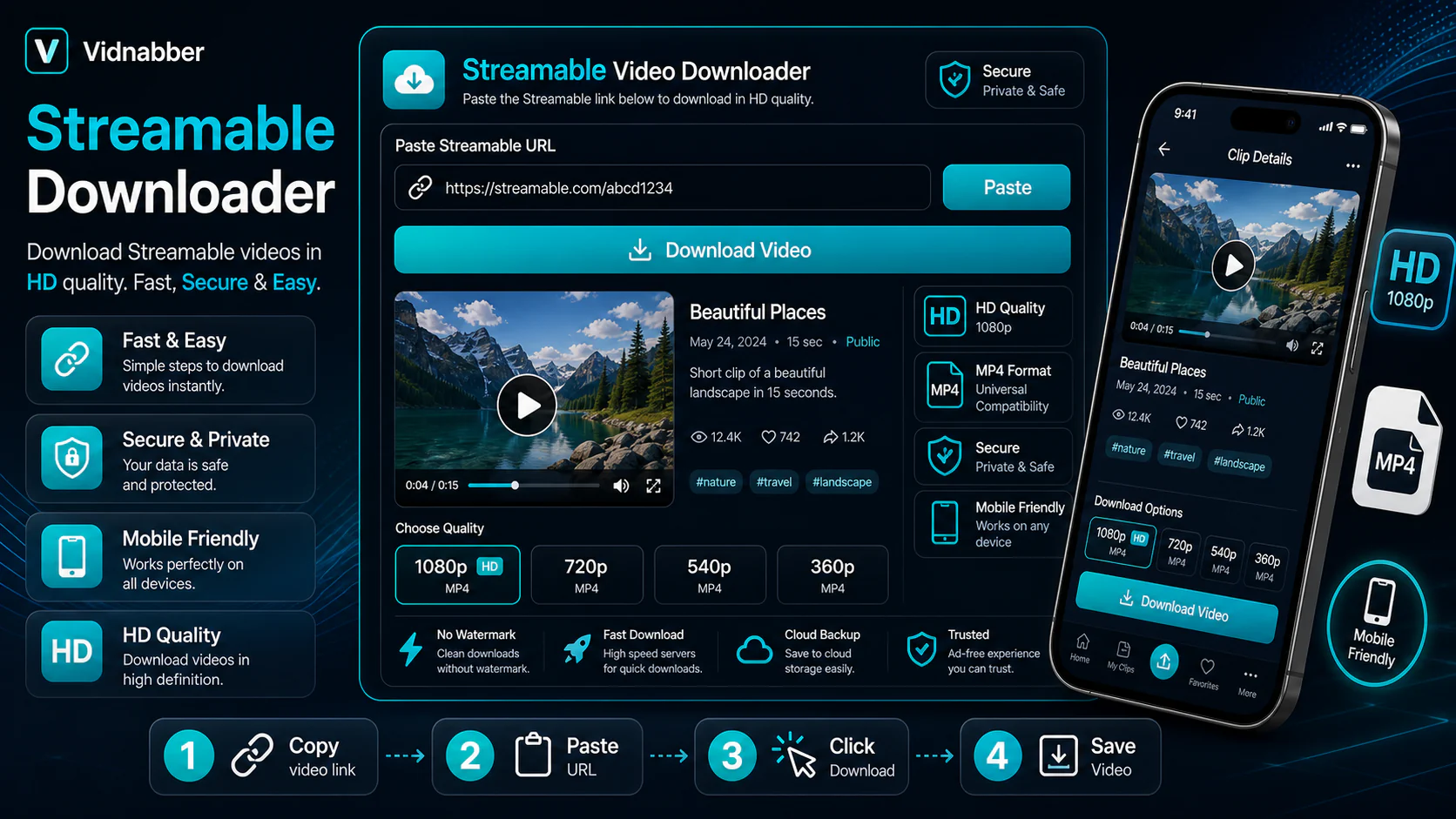 Streamable downloader infographic showing copy public link, paste URL, review formats, and save video responsibly in a modern Vidnabber interface.
