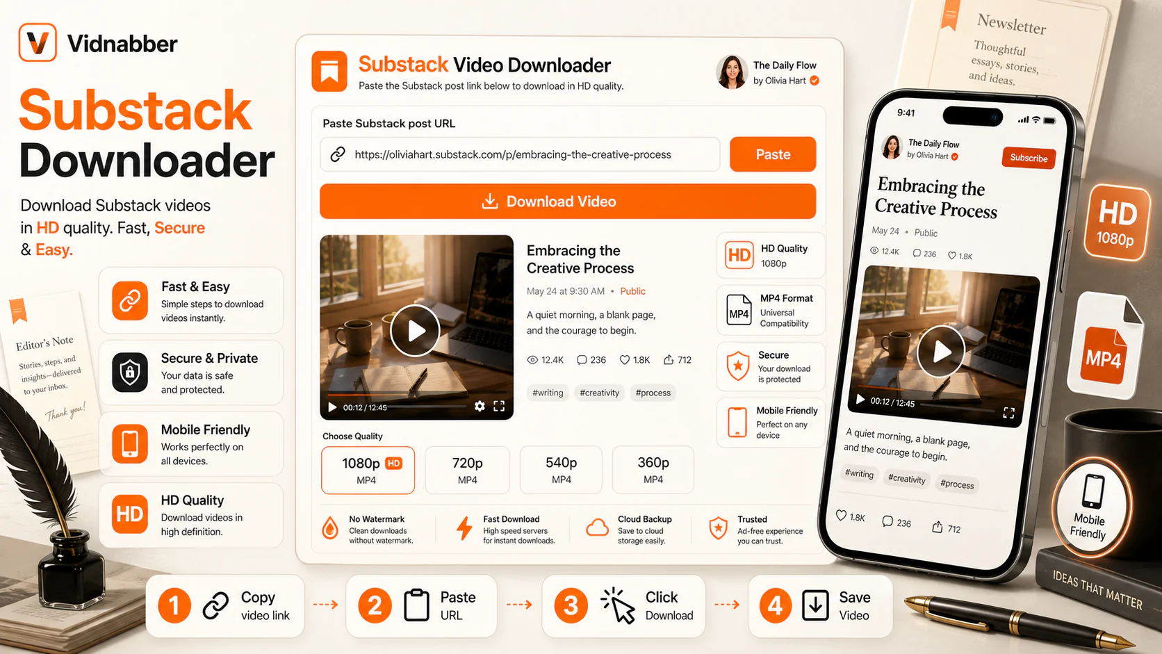 Substack downloader infographic showing copy public link, paste URL, review formats, and save video responsibly in a modern Vidnabber interface.