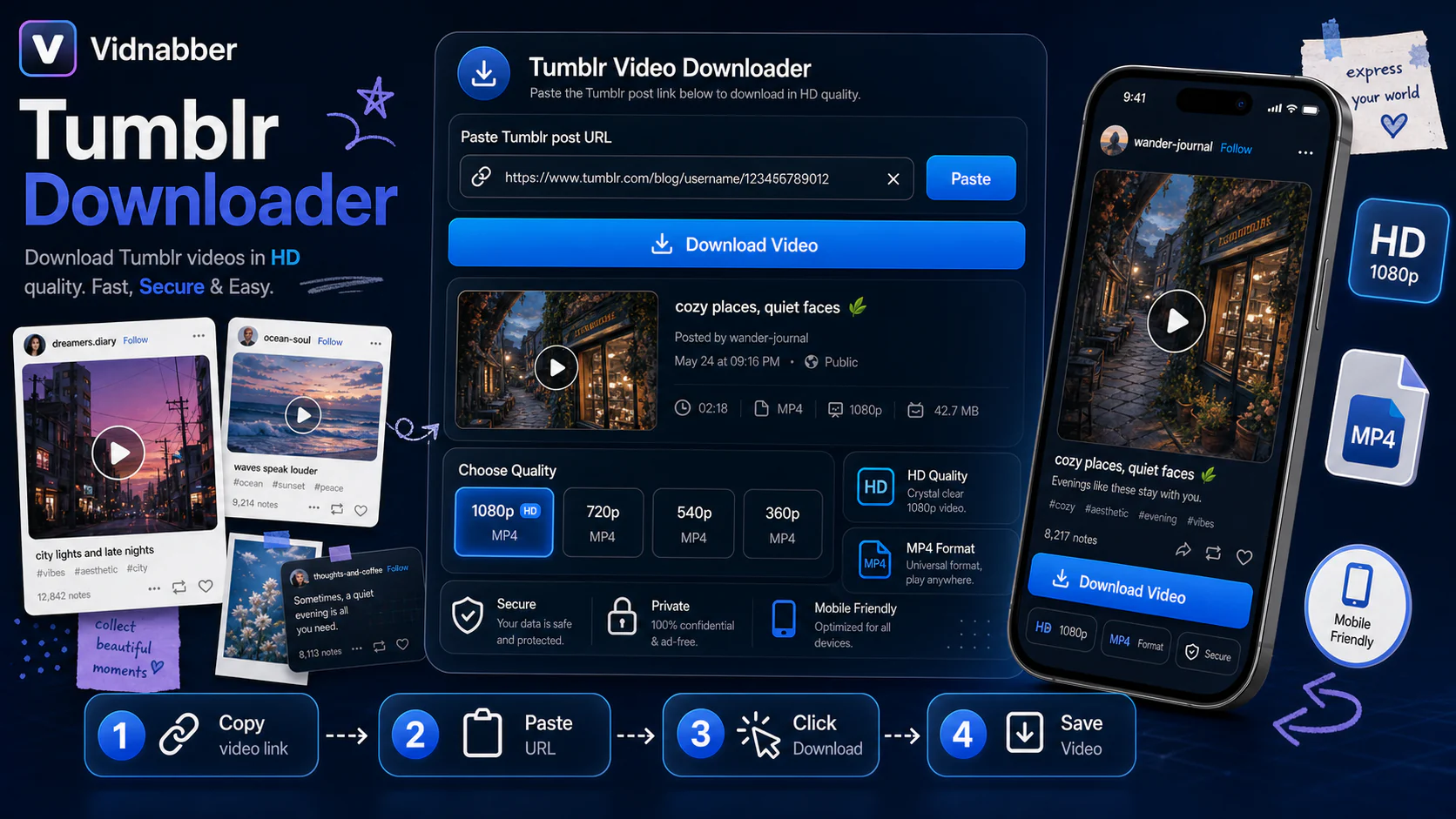 Tumblr downloader infographic showing copy public link, paste URL, review formats, and save video responsibly in a modern Vidnabber interface.